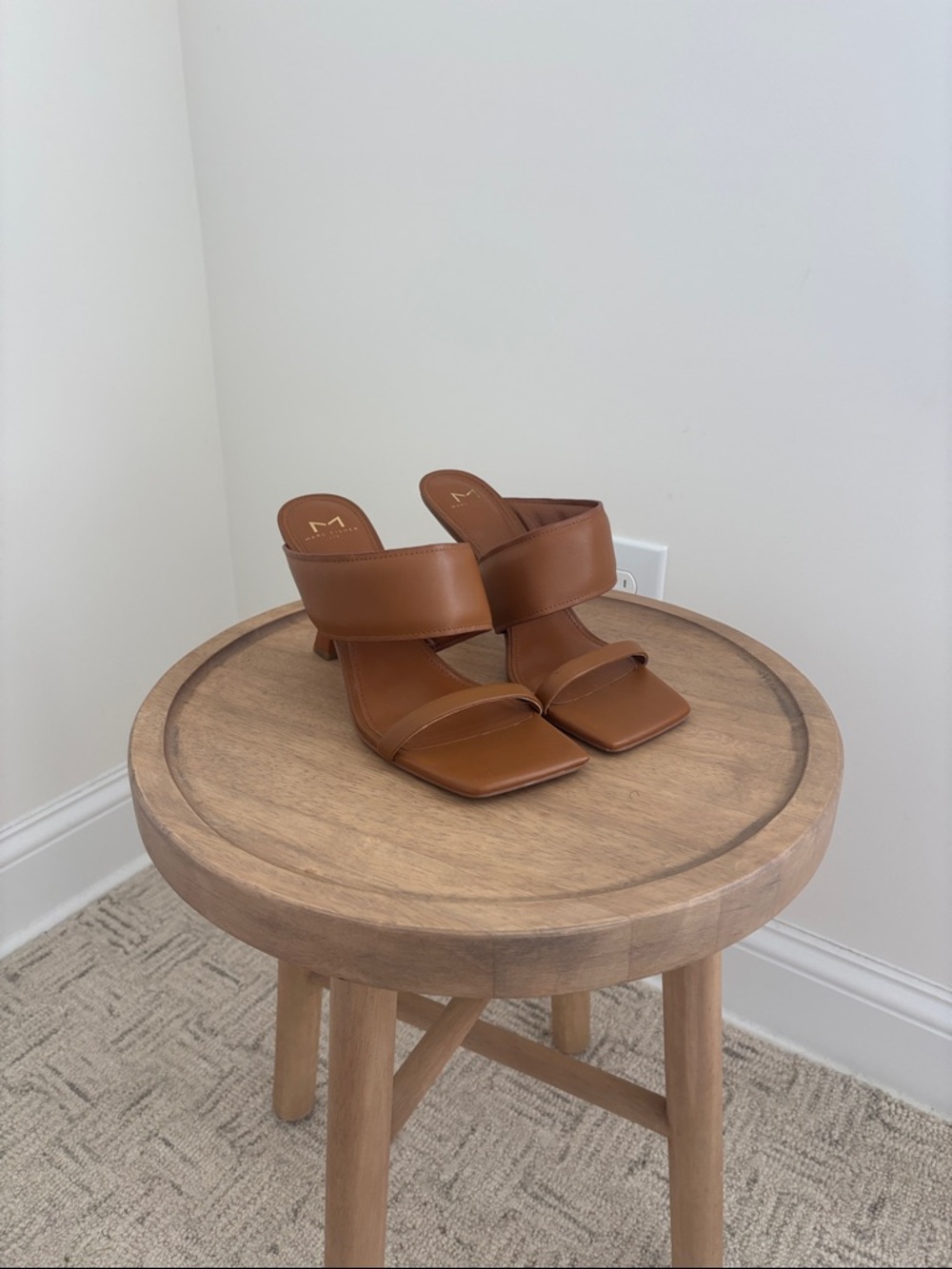 Marc Fisher Tan Leather Two-Band Square Toe Mules